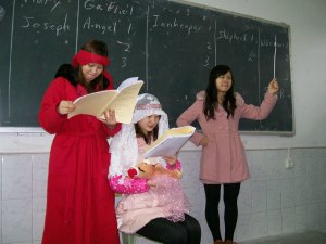 In the stable, among the animals, Mary had her baby. A bright star shone in the sky to show where the baby was born.