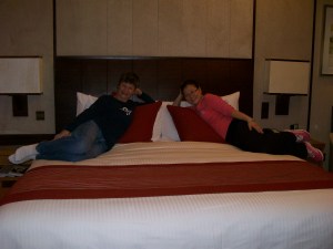 Nancy and I, ready to enjoy the $350 a night room at her staff bargain price of $75.