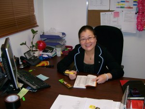 Nancy looking busy in her "dungeon" office.
