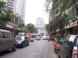 While approaching the church, the street has been widened with tiled walkways on each side.
