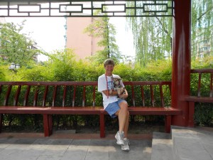 DP and I on our daily walk near the animal hospital