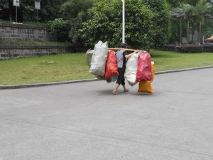 In competition with the Rivers, here is one of our campus elderly hauling their recyclables for pick-up at the front gate. 