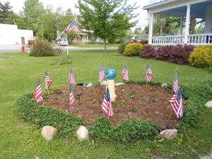 Many of us decorate our yards with flags.  This is my parents' front lawn, as we are getting ready to drive to the American Legion.