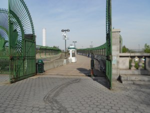 Crossing the highway bridge to enter the park.