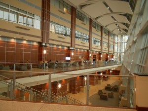 The front lobby area, with ground floor offices, gift shop and cafeteria; second floor hallway waiting area for updates on surgeries 
