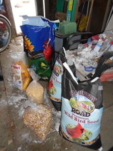 Our 200 pounds worth of bird nourishment from Rural King sits in  the garage and awaits to be doled out in the weeks to come.