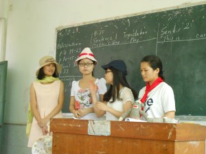 A Mother's Day skit, with thank yous given to Mom (in straw hat, to the far left) by family members.
