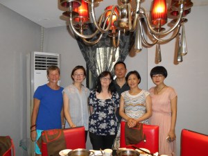 Amity staff and our Luzhou Christian church staff at a farewell luncheon (L-R:  Me, Amity Education Director Helen Zhao, new Amity teacher Denise Mountain, Pastor Zhao (behind), Pastor Liao and one of our lay leaders.